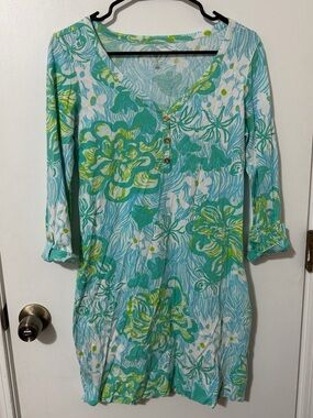 Lilly Pulitzer Wave Rider Blue Green Floral Tunic Dress Size Small Pima Cotton